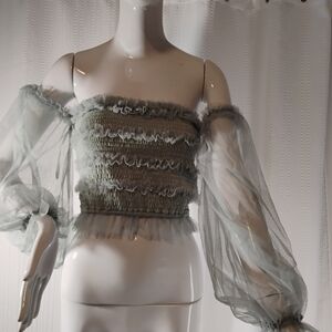 Mable Sheer Sleeve Smocked Blouse in Soft Green Size S